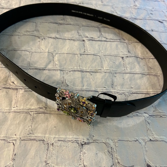 EMBELLISHED RHINESTONE COLORFUL BUCKLE OB BLACK LEATHER BELT WOMENS SIZE LARGE - Picture 7 of 10